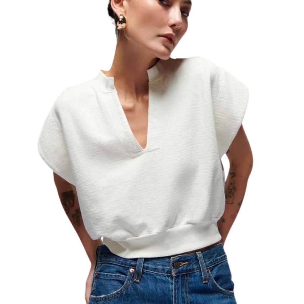NWT 525 America Women's Off-White V Neck Sleeveless Sweatshirt Or‎ Vest Large